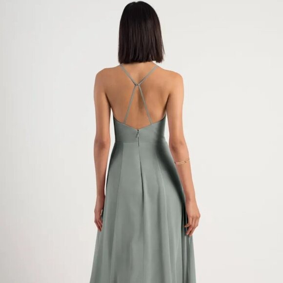 NEW Jenny Yoo Bryce Chiffon Backless Maxi Dress in Moss - Picture 4 of 9